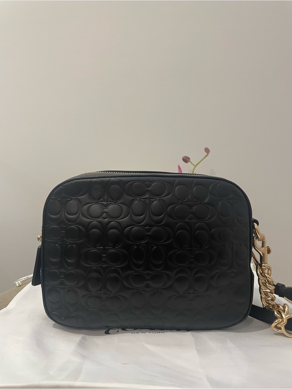 Coach Black Embossed Leather Camera Crossbody with Gold Chain - Picture 5 of 16